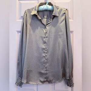 💗Tamara H Polka Dot Blouse button up long sleeves sz med EUC pink/tan metallic